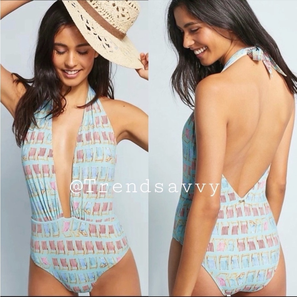 Anthropologie PatBO Beach Chair Print Plunge Halter One Piece Swimsuit XL NWT